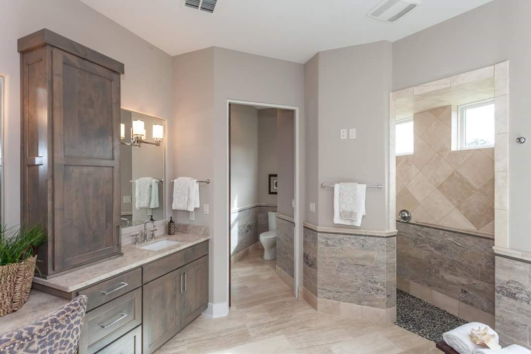 Bathroom freshly painted in soft gray-blue tones